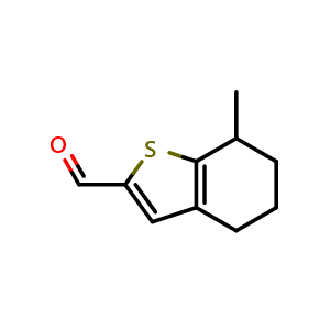 Chemical structure of 7-methyl-4,5,6,7-tetrahydro-1-benzothiophene-2-carbaldehyde , CAS 1710345-17-7, AChemBlock S78611