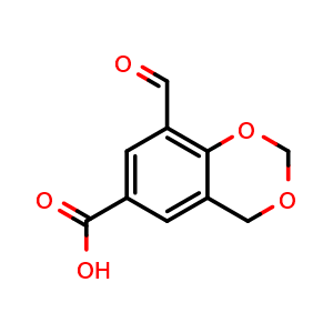 Chemical structure of 8-formyl-2,4-dihydro-1,3-benzodioxine-6-carboxylic acid , CAS 170807-21-3, AChemBlock S78630