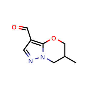 Chemical structure of 6-methyl-5H,6H,7H-pyrazolo[3,2-b][1,3]oxazine-3-carbaldehyde , CAS 1706431-19-7, AChemBlock S78676