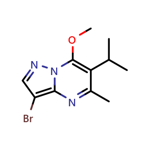 Chemical structure of 3-bromo-7-methoxy-5-methyl-6-(propan-2-yl)pyrazolo[1,5-a]pyrimidine , CAS 1668629-93-3, AChemBlock S78754