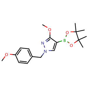 Chemical structure of 3-methoxy-1-[(4-methoxyphenyl)methyl]-4-(4,4,5,5-tetramethyl-1,3,2-dioxaborolan-2-yl)-1H-pyrazole , CAS 1662682-34-9, AChemBlock S78766