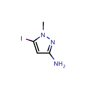 Chemical structure of 5-iodo-1-methyl-1H-pyrazol-3-amine , CAS 1654058-24-8, AChemBlock S78788