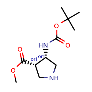 Chemical structure of cis-methyl-4-(tert-butoxycarbonylamino)pyrrolidine-3-carboxylate , CAS 164916-49-8, AChemBlock S78801