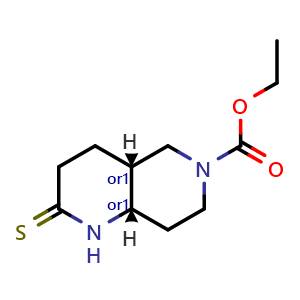 Chemical structure of ethyl (4aS,8aR)-rel-2-sulfanylidene-decahydro-1,6-naphthyridine-6-carboxylate , CAS 1644283-97-5, AChemBlock S78813