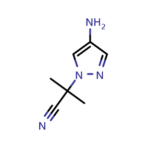 Chemical structure of 2-(4-aminopyrazol-1-yl)-2-methyl-propanenitrile , CAS 1643966-66-8, AChemBlock S78816