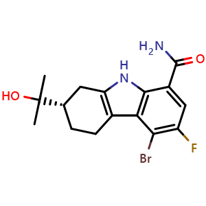 Chemical structure of (2S)-5-bromo-6-fluoro-2-(2-hydroxypropan-2-yl)-2,3,4,9-tetrahydro-1H-carbazole-8-carboxamide , CAS 1643156-23-3, AChemBlock S78824