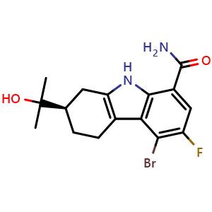 Chemical structure of (2R)-5-bromo-6-fluoro-2-(2-hydroxypropan-2-yl)-2,3,4,9-tetrahydro-1H-carbazole-8-carboxamide , CAS 1643156-22-2, AChemBlock S78825