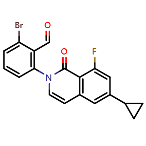 Chemical structure of 2-bromo-6-(6-cyclopropyl-8-fluoro-1-oxo-2-isoquinolyl)benzaldehyde , CAS 1642290-28-5, AChemBlock S78834