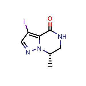 Chemical structure of (7S)-3-iodo-7-methyl-6,7-dihydro-5H-pyrazolo[1,5-a]pyrazin-4-one , CAS 1639901-75-9, AChemBlock S78839