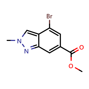 Chemical structure of methyl 4-bromo-2-methyl-2H-indazole-6-carboxylate , CAS 1638772-21-0, AChemBlock S78845