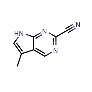 Chemical structure of 5-methyl-7H-pyrrolo[2,3-d]pyrimidine-2-carbonitrile , CAS 1638768-31-6, AChemBlock S78868
