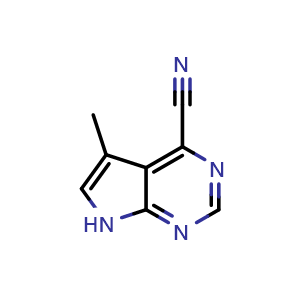 Chemical structure of 5-methyl-7H-pyrrolo[2,3-d]pyrimidine-4-carbonitrile , CAS 1638767-62-0, AChemBlock S78875