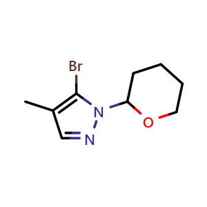 Chemical structure of 5-bromo-4-methyl-1-(oxan-2-yl)-1H-pyrazole , CAS 1638764-64-3, AChemBlock S78900