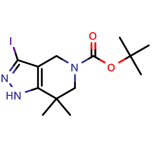 Chemical structure of tert-butyl 3-iodo-7,7-dimethyl-1H,4H,5H,6H,7H-pyrazolo[4,3-c]pyridine-5-carboxylate , CAS 1638764-24-5, AChemBlock S78903