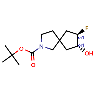 Chemical structure of tert-butyl (7R,8R)-rel-8-fluoro-7-hydroxy-2-azaspiro[4.4]nonane-2-carboxylate , CAS 1638757-73-9, AChemBlock S78945