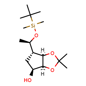 Chemical structure of (3aS,4S,6S,6aR)-6-[(1R)-1-[(tert-butyldimethylsilyl)oxy]ethyl]-2,2-dimethyl-hexahydrocyclopenta[d][1,3]dioxol-4-ol , CAS 1638744-62-3, AChemBlock S78949