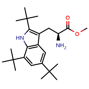 Chemical structure of methyl (2S)-2-amino-3-(2,5,7-tri-tert-butyl-1H-indol-3-yl)propanoate , CAS 1638744-52-1, AChemBlock S78951