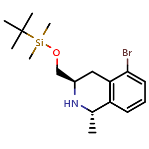 Chemical structure of (1S,3R)-5-bromo-3-{[(tert-butyldimethylsilyl)oxy]methyl}-1-methyl-1,2,3,4-tetrahydroisoquinoline , CAS 1638668-21-9, AChemBlock S78962