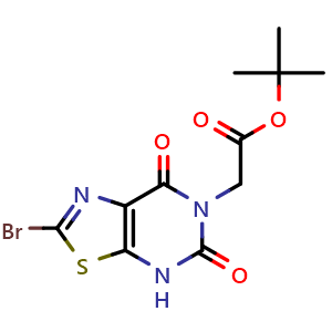 Chemical structure of tert-butyl 2-{2-bromo-5,7-dioxo-4H,5H,6H,7H-[1,3]thiazolo[5,4-d]pyrimidin-6-yl}acetate , CAS 1637533-76-6, AChemBlock S78985