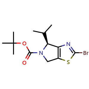 Chemical structure of tert-butyl (4S)-2-bromo-4-(propan-2-yl)-4H,5H,6H-pyrrolo[3,4-d][1,3]thiazole-5-carboxylate , CAS 1637310-58-7, AChemBlock S78990