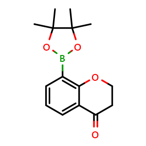 Chemical structure of 8-(tetramethyl-1,3,2-dioxaborolan-2-yl)-3,4-dihydro-2H-1-benzopyran-4-one , CAS 1628954-43-7, AChemBlock S79017