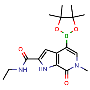 Chemical structure of N-ethyl-6-methyl-7-oxo-4-(4,4,5,5-tetramethyl-1,3,2-dioxaborolan-2-yl)-1H-pyrrolo[2,3-c]pyridine-2-carboxamide , CAS 1628864-80-1, AChemBlock S79019