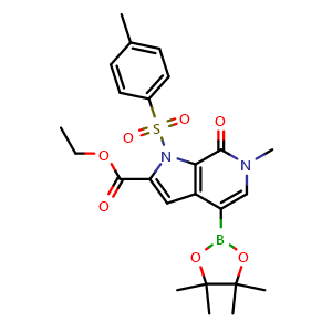 Chemical structure of ethyl 6-methyl-7-oxo-1-(p-tolylsulfonyl)-4-(4,4,5,5-tetramethyl-1,3,2-dioxaborolan-2-yl)pyrrolo[2,3-c]pyridine-2-carboxylate , CAS 1628864-26-5, AChemBlock S79021