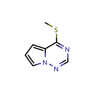 Chemical structure of 4-(methylsulfanyl)pyrrolo[2,1-f][1,2,4]triazine , CAS 1596350-40-1, AChemBlock S79179