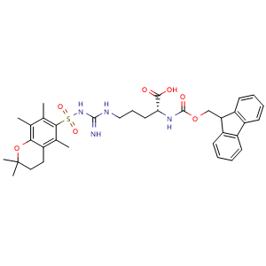 Chemical structure of (2R)-2-({[(9H-fluoren-9-yl)methoxy]carbonyl}amino)-5-{N'-[(2,2,5,7,8-pentamethyl-3,4-dihydro-2H-1-benzopyran-6-yl)sulfonyl]carbamimidamido}pentanoic acid , CAS 157774-30-6, AChemBlock S79230