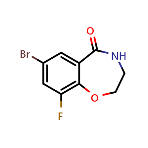 Chemical structure of 7-bromo-9-fluoro-2,3,4,5-tetrahydro-1,4-benzoxazepin-5-one , CAS 1566149-13-0, AChemBlock S79254