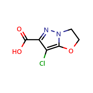 Chemical structure of 7-chloro-2H,3H-pyrazolo[3,2-b][1,3]oxazole-6-carboxylic acid , CAS 1558313-35-1, AChemBlock S79283