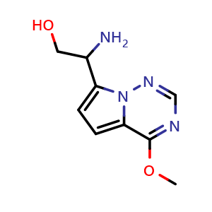 Chemical structure of 2-amino-2-{4-methoxypyrrolo[2,1-f][1,2,4]triazin-7-yl}ethan-1-ol , CAS 1557966-30-9, AChemBlock S79292