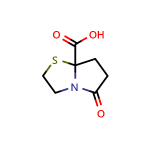 Chemical structure of 5-oxo-hexahydropyrrolo[2,1-b][1,3]thiazole-7a-carboxylic acid , CAS 155796-08-0, AChemBlock S79293