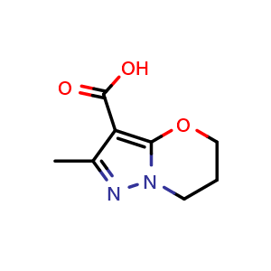 Chemical structure of 2-methyl-5H,6H,7H-pyrazolo[3,2-b][1,3]oxazine-3-carboxylic acid , CAS 1557851-24-7, AChemBlock S79299