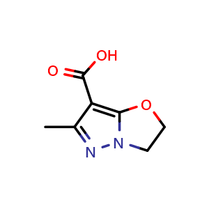 Chemical structure of 6-methyl-2H,3H-pyrazolo[3,2-b][1,3]oxazole-7-carboxylic acid , CAS 1557818-24-2, AChemBlock S79301