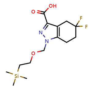 Chemical structure of 5,5-difluoro-1-(2-trimethylsilylethoxymethyl)-6,7-dihydro-4H-indazole-3-carboxylic acid , CAS 1557247-89-8, AChemBlock S79314