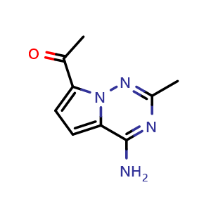 Chemical structure of 1-{4-amino-2-methylpyrrolo[2,1-f][1,2,4]triazin-7-yl}ethan-1-one , CAS 1557015-91-4, AChemBlock S79318