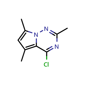 Chemical structure of 4-chloro-2,5,7-trimethylpyrrolo[2,1-f][1,2,4]triazine , CAS 1555843-89-4, AChemBlock S79334