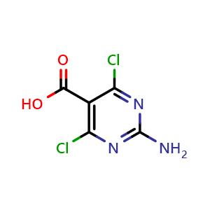 Chemical structure of 2-amino-4,6-dichloro-pyrimidine-5-carboxylic acid , CAS 1555389-67-7, AChemBlock S79343