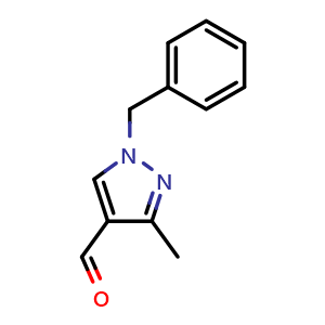 Chemical structure of 1-benzyl-3-methyl-1H-pyrazole-4-carbaldehyde , CAS 153687-32-2, AChemBlock S79514