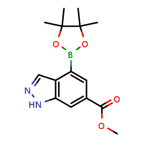 Chemical structure of methyl 4-(tetramethyl-1,3,2-dioxaborolan-2-yl)-1H-indazole-6-carboxylate , CAS 1527007-77-7, AChemBlock S79539