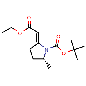 Chemical structure of tert-butyl (2E,5R)-2-(2-ethoxy-2-oxoethylidene)-5-methylpyrrolidine-1-carboxylate , CAS 1526945-33-4, AChemBlock S79542