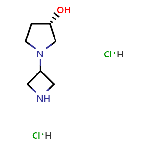 Chemical structure of (3S)-1-(azetidin-3-yl)pyrrolidin-3-ol dihydrochloride , CAS 1523530-28-0, AChemBlock S79572