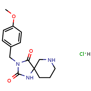 Chemical structure of 3-[(4-methoxyphenyl)methyl]-1,3,7-triazaspiro[4.5]decane-2,4-dione Hydrochloride , CAS 1517549-00-6, AChemBlock S79595
