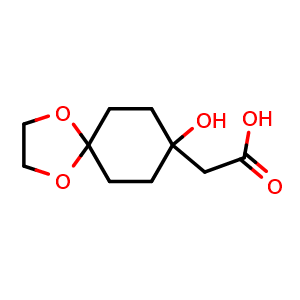 Chemical structure of 2-(8-hydroxy-1,4-dioxaspiro[4.5]decan-8-yl)acetic acid , CAS 1512115-69-3, AChemBlock S79618