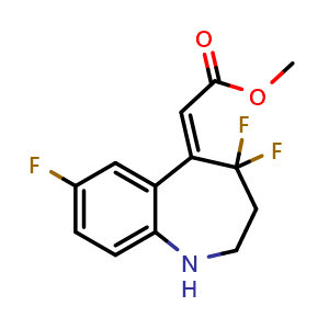 Chemical structure of methyl 2-[(5Z)-4,4,7-trifluoro-2,3,4,5-tetrahydro-1H-1-benzazepin-5-ylidene]acetate , CAS 1510826-23-9, AChemBlock S79627