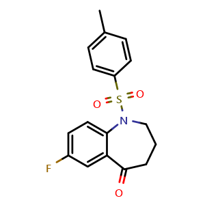 Chemical structure of 7-fluoro-1-(4-methylbenzenesulfonyl)-2,3,4,5-tetrahydro-1H-1-benzazepin-5-one , CAS 1510826-19-3, AChemBlock S79629