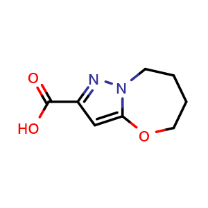 Chemical structure of 5H,6H,7H,8H-pyrazolo[3,2-b][1,3]oxazepine-2-carboxylic acid , CAS 1509569-48-5, AChemBlock S79633