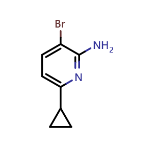 Chemical structure of 3-bromo-6-cyclopropyl-pyridin-2-amine , CAS 1508445-19-9, AChemBlock S79639
