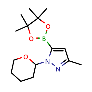 Chemical structure of 3-methyl-1-(oxan-2-yl)-5-(4,4,5,5-tetramethyl-1,3,2-dioxaborolan-2-yl)pyrazole , CAS 1486485-62-4, AChemBlock S79726